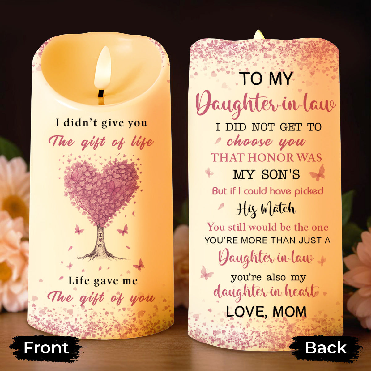 To My Daughter-in-Law, Heart Tree and Butterflies - Personalized Custom LED Candle - DILA017_LECA