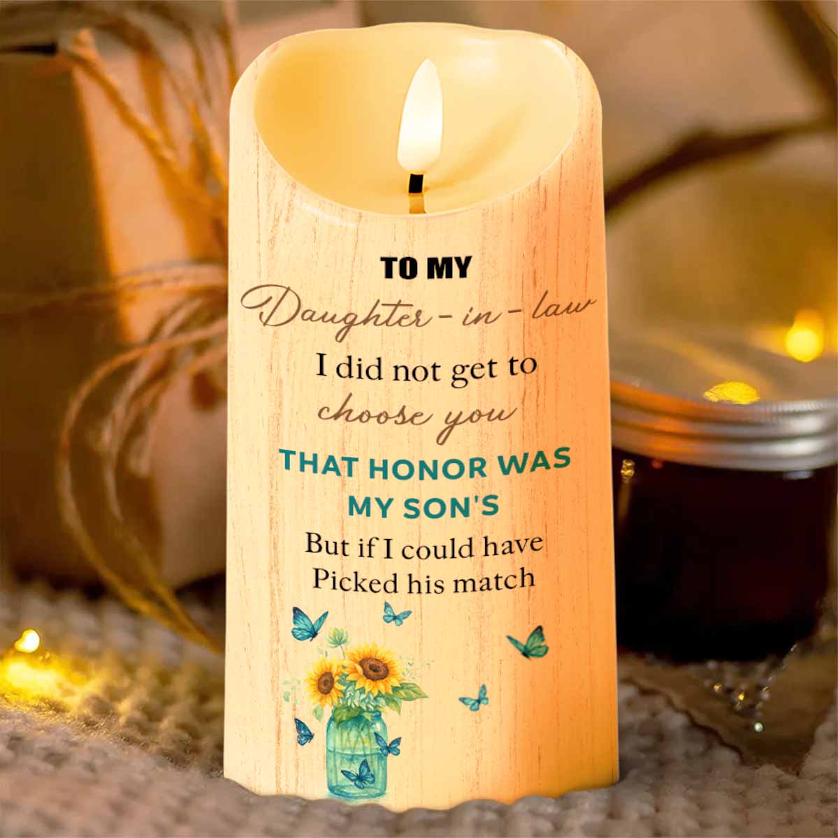 To My Daughter-In-Law, Butterflies and Flowers - Personalized Custom LED Candle - DILA019_LECA