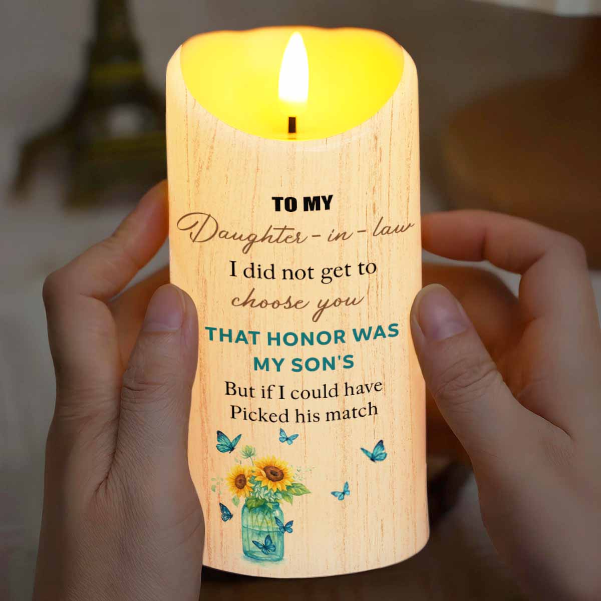 To My Daughter-In-Law, Butterflies and Flowers - Personalized Custom LED Candle - DILA019_LECA