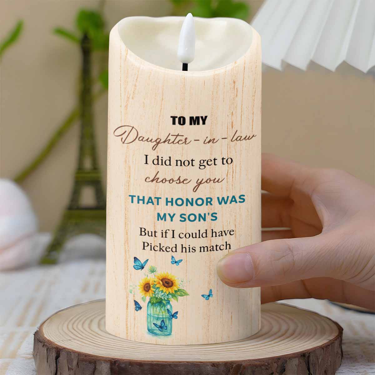 To My Daughter-In-Law, Butterflies and Flowers - Personalized Custom LED Candle - DILA019_LECA