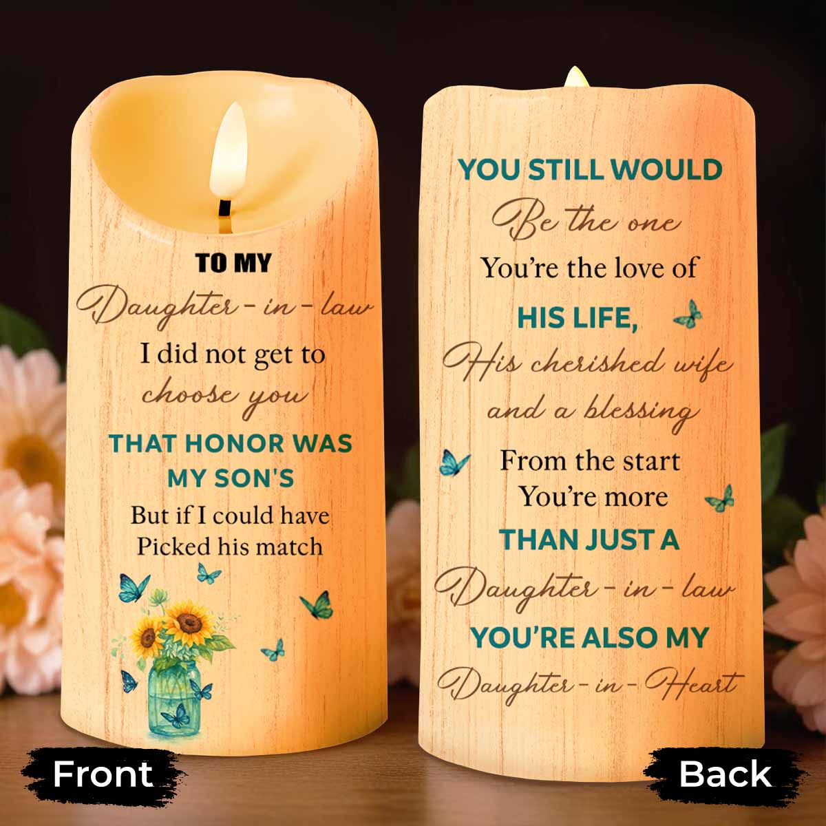 To My Daughter-In-Law, Butterflies and Flowers - Personalized Custom LED Candle - DILA019_LECA