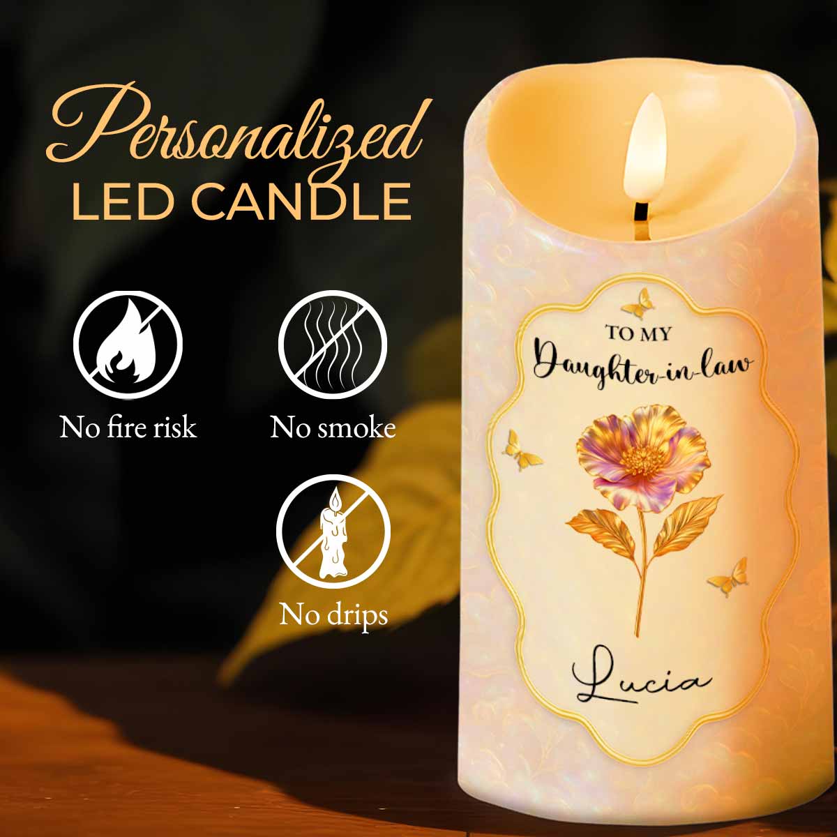 To My Daughter-in-Law, Beautiful Floral and Butterfly Design - Personalized Custom LED Candle - DILA020_LECA