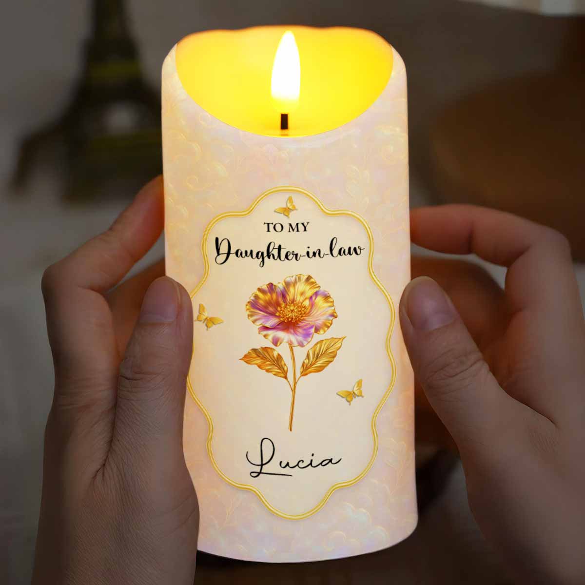 To My Daughter-in-Law, Beautiful Floral and Butterfly Design - Personalized Custom LED Candle - DILA020_LECA