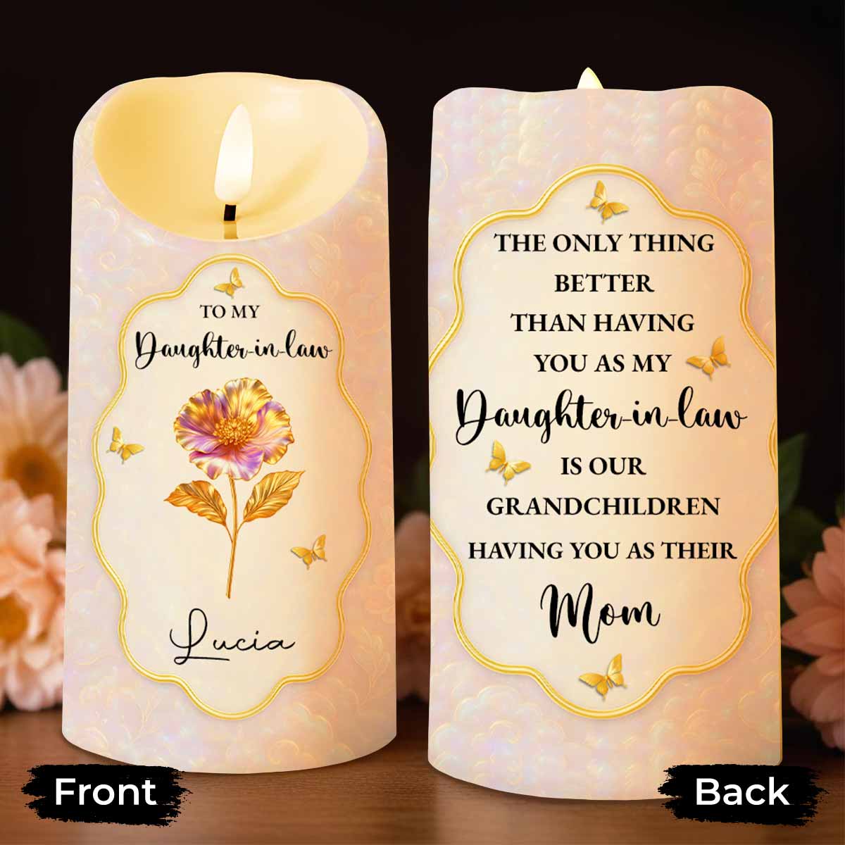 To My Daughter-in-Law, Beautiful Floral and Butterfly Design - Personalized Custom LED Candle - DILA020_LECA