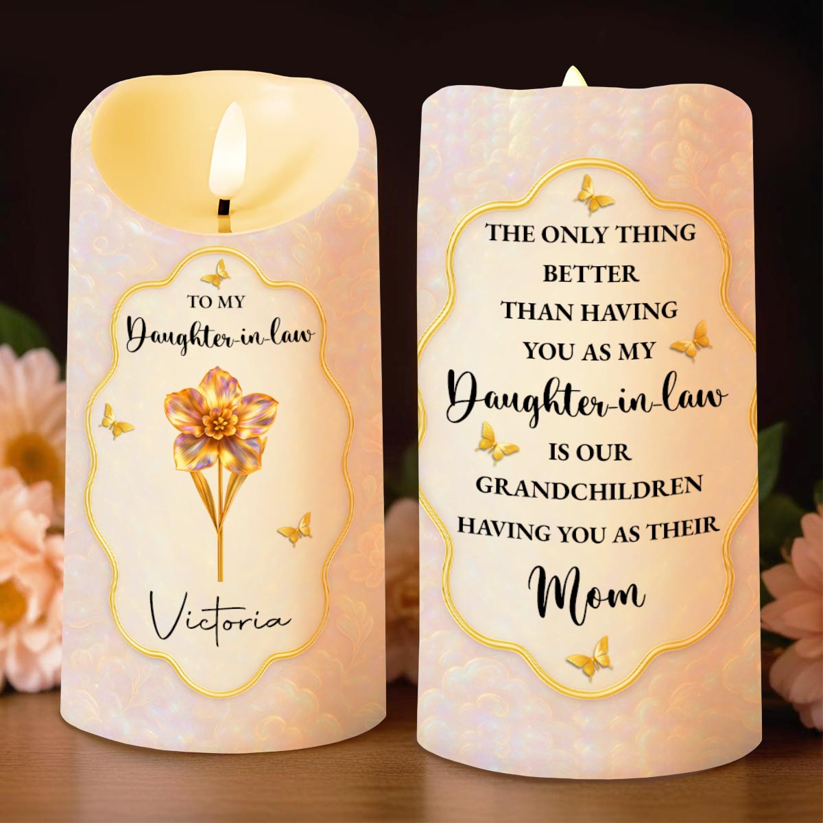 To My Daughter-in-Law, Beautiful Floral and Butterfly Design - Personalized Custom LED Candle - DILA020_LECA