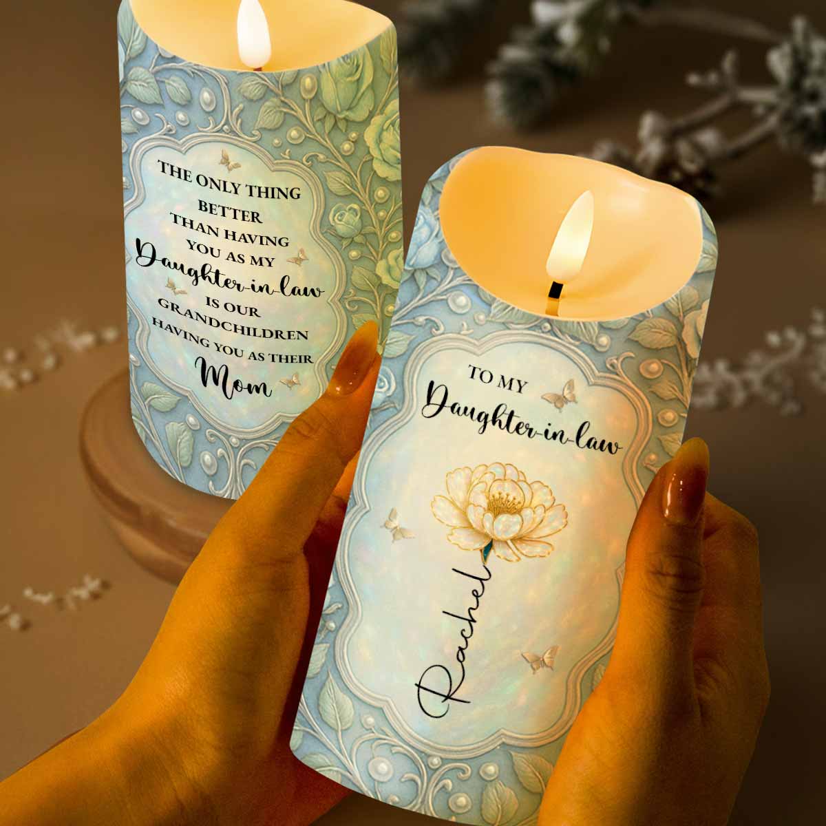 To My Daughter-In-Law, Flowers And Butterflies - Personalized Custom LED Candle - DILA021_LECA