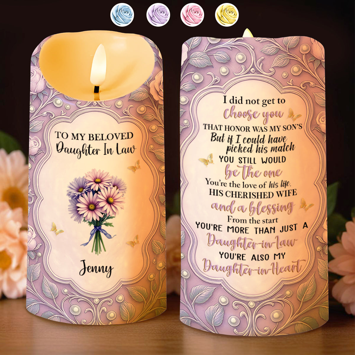 To My Beloved Daughter In Law, Flowers And Hearts - Personalized Custom LED Candle - DILA027_LECA