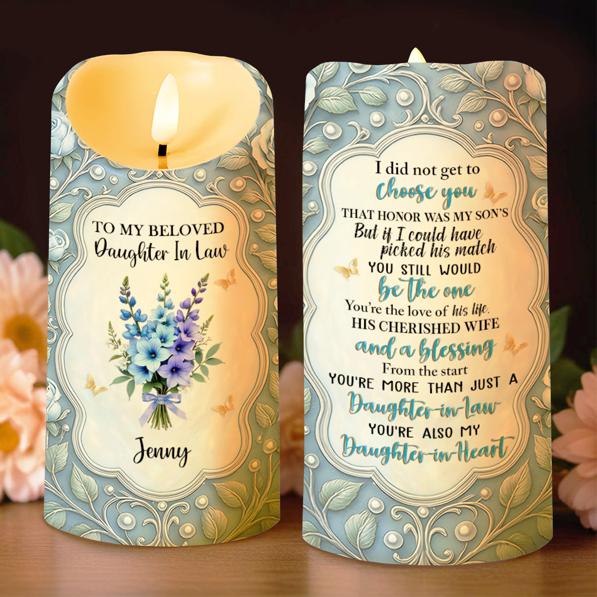To My Beloved Daughter In Law, Flowers And Hearts - Personalized Custom LED Candle - DILA027_LECA