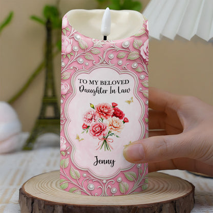 To My Beloved Daughter In Law, Flowers And Hearts - Personalized Custom LED Candle - DILA027_LECA
