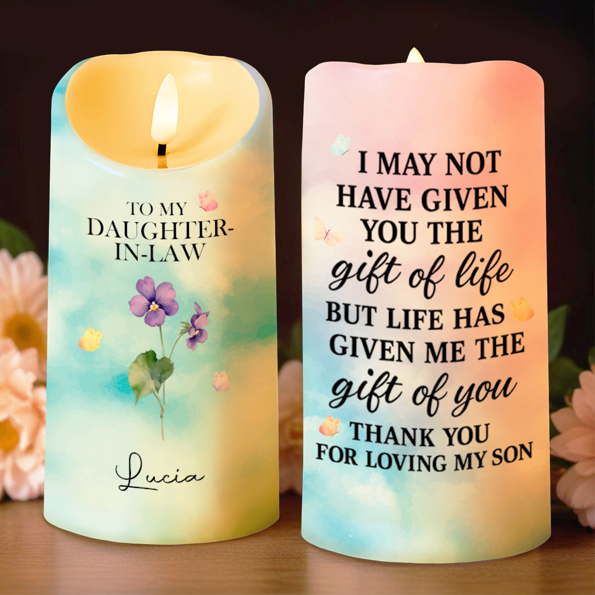 Gift Of You, Thank You For Loving My Son, Flowers and Butterflies - Personalized Custom LED Candle - DILA028_LECA