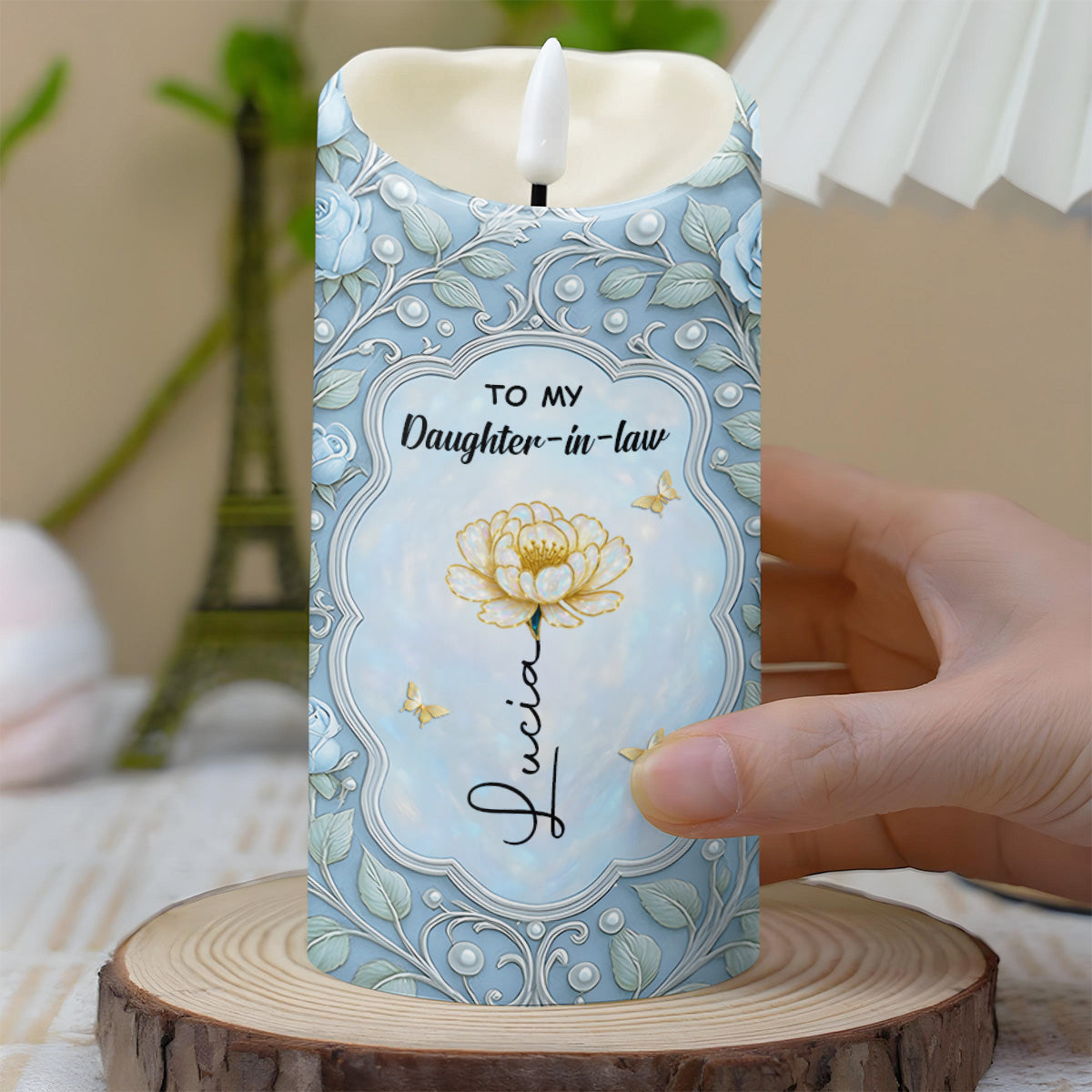 To My Daughter-In-Law, Floral Heart Design - Personalized Custom LED Candle - DILA030_LECA