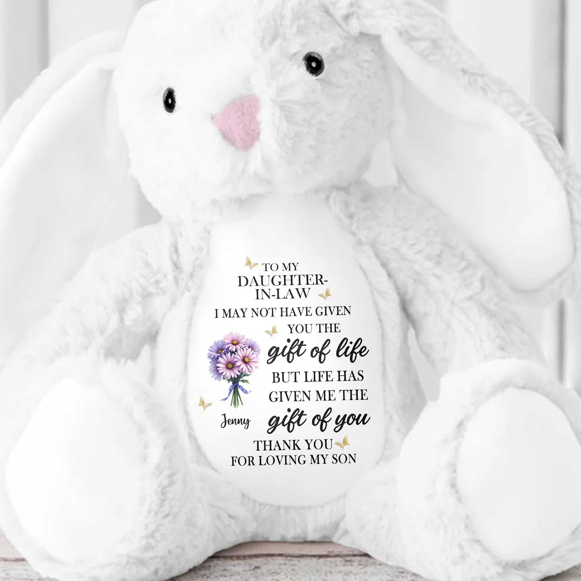 To My Daughter In Law Life Has Given Me The Gift Of You Flowers - Personalized Stuffed Bunny - DILA034_BUN