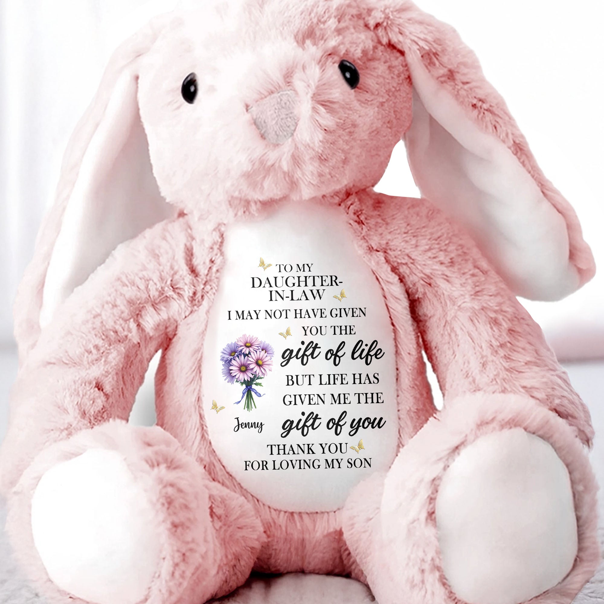 To My Daughter In Law Life Has Given Me The Gift Of You Flowers - Personalized Stuffed Bunny - DILA034_BUN