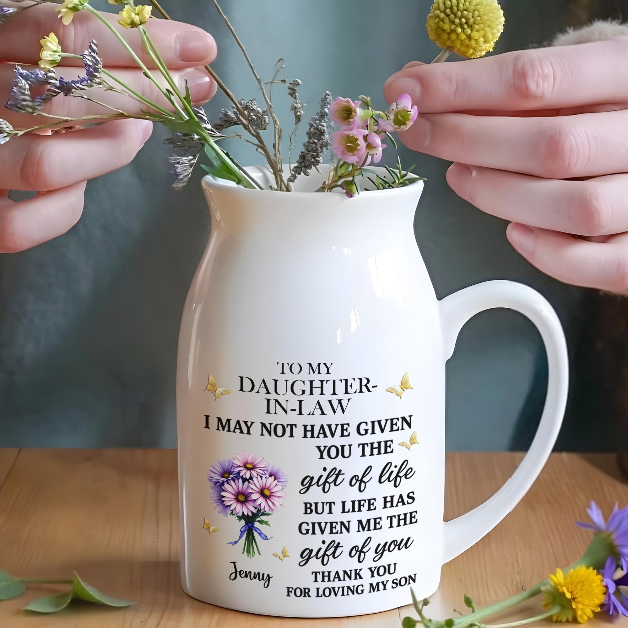 To My Daughter-In-Law, Gift Of You Flowers And Butterflies - Personalized Ceramic Flower Vase