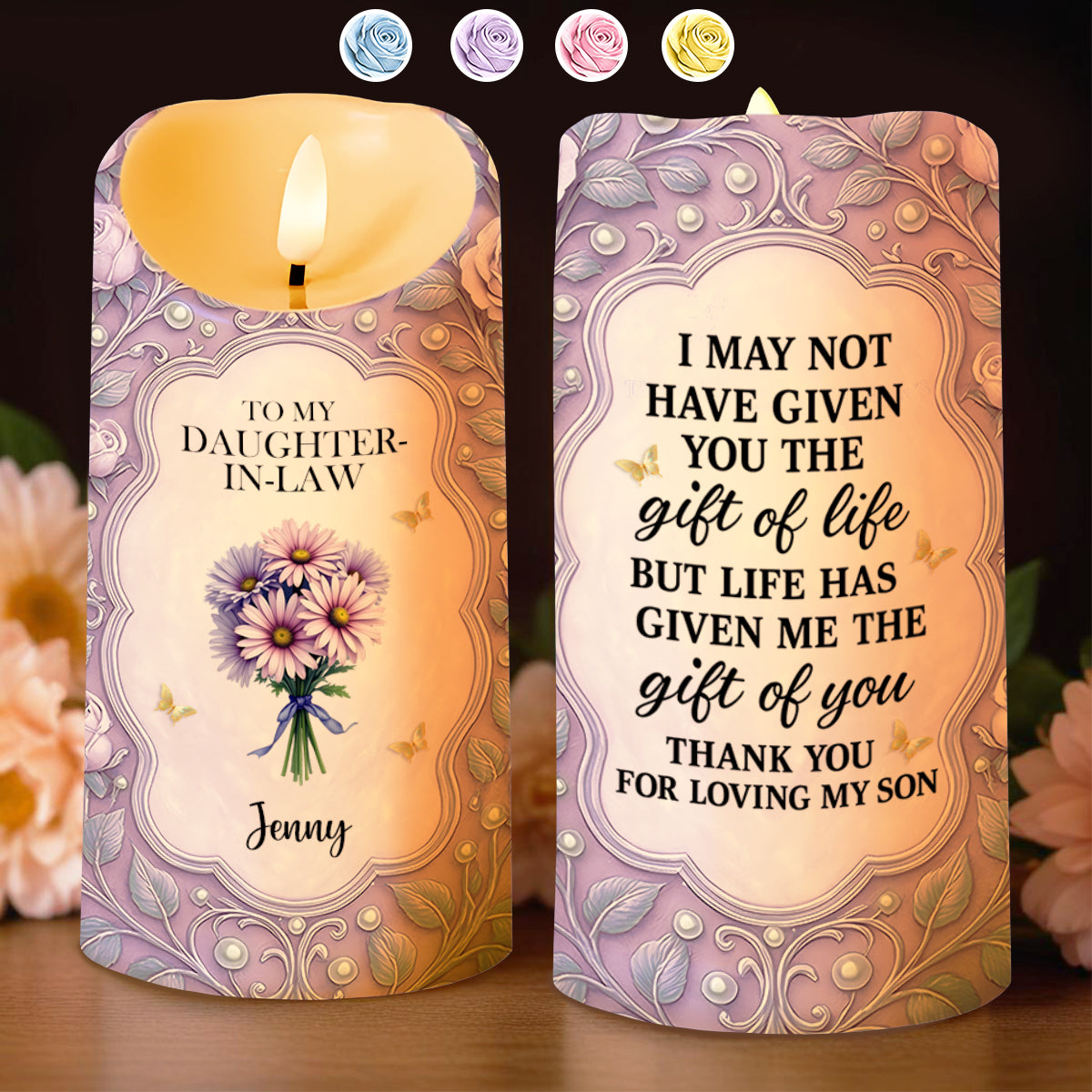 To My Daughter-In-Law, Gift Of Life, Flowers And Butterflies - Personalized Custom LED Candle - DILA034_LECA