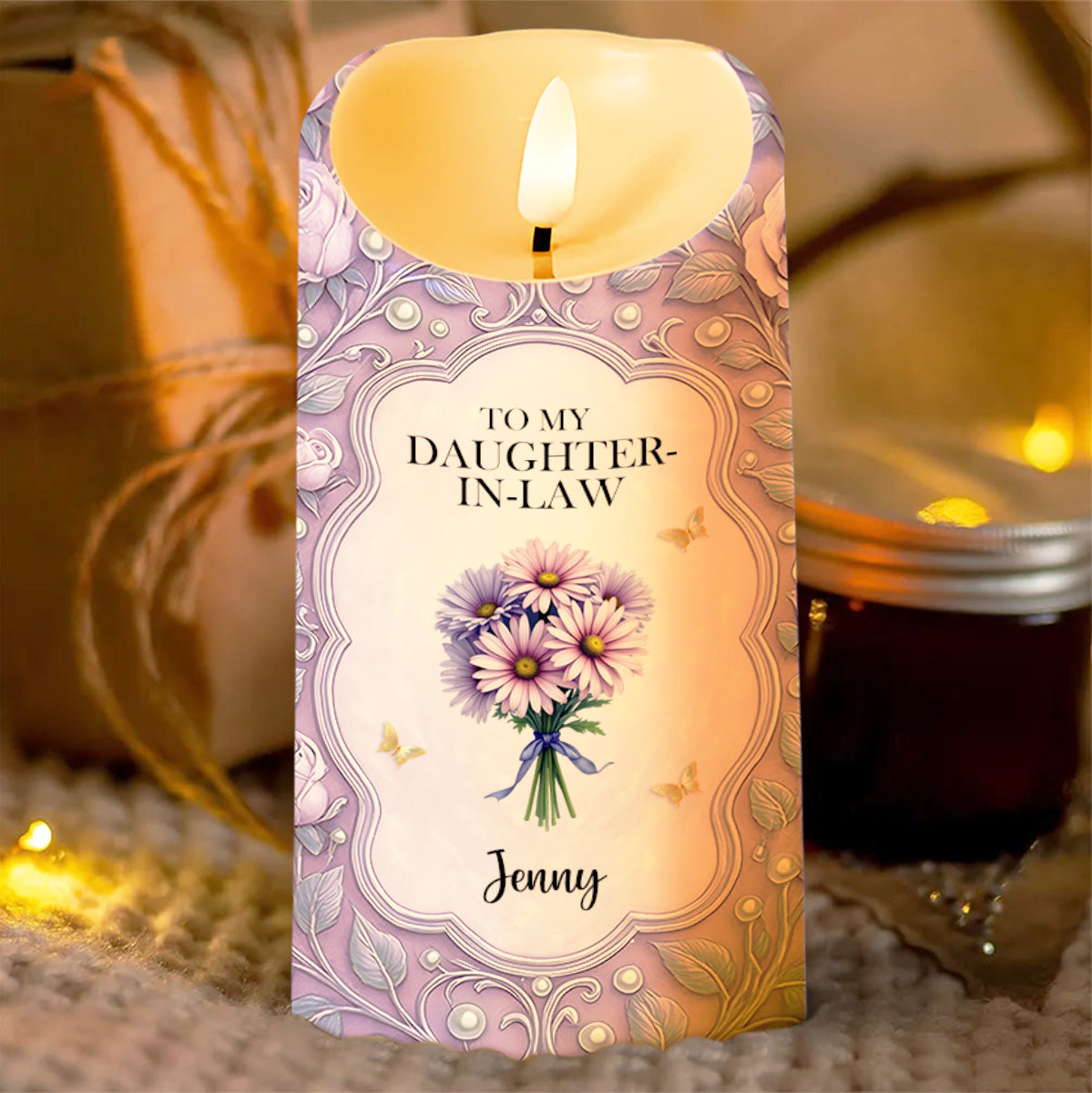 To My Daughter-In-Law, Gift Of Life, Flowers And Butterflies - Personalized Custom LED Candle - DILA034_LECA
