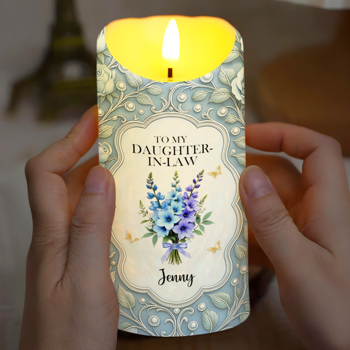 To My Daughter-In-Law, Gift Of Life, Flowers And Butterflies - Personalized Custom LED Candle - DILA034_LECA