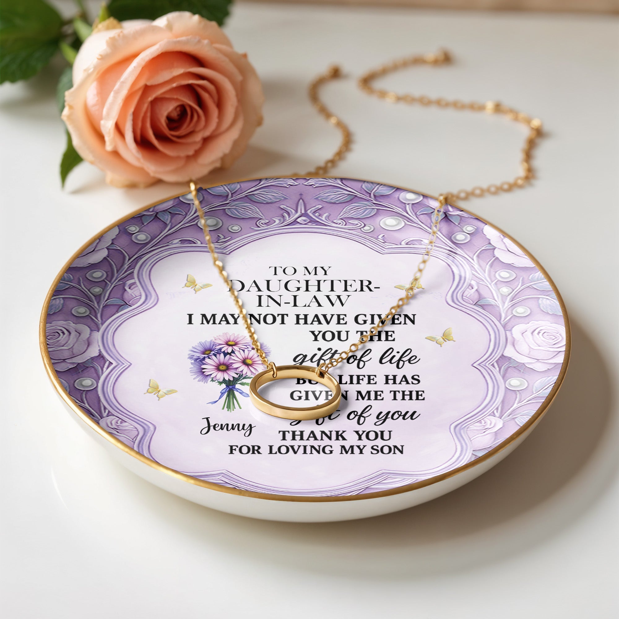 To My Daughter-In-Law, Thank You For Loving My Son, Flowers - Personalized Custom Jewelry Dish, Ceramic Dish, Round Shape - DILA034_RCRF