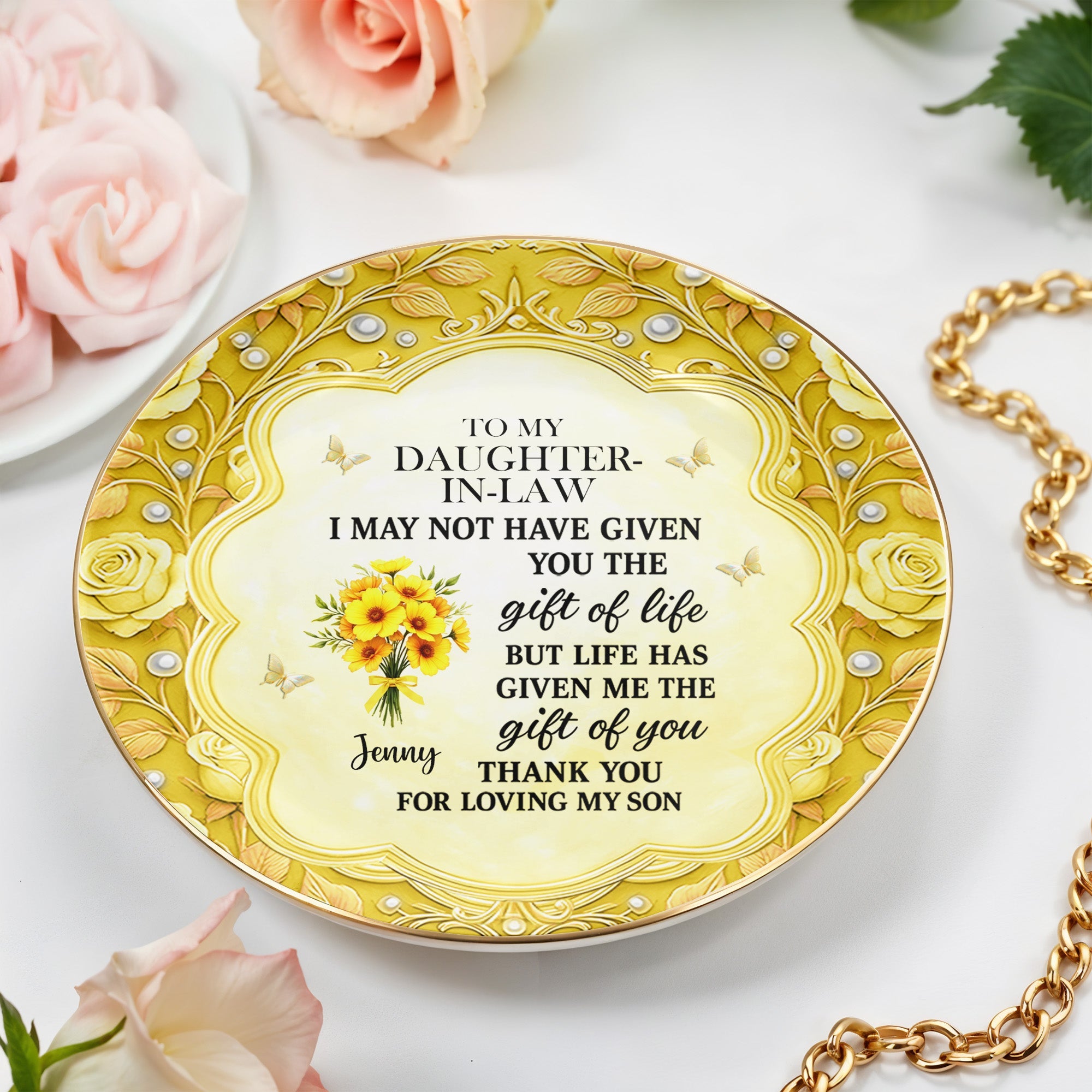 To My Daughter-In-Law, Thank You For Loving My Son, Flowers - Personalized Custom Jewelry Dish, Ceramic Dish, Round Shape - DILA034_RCRF