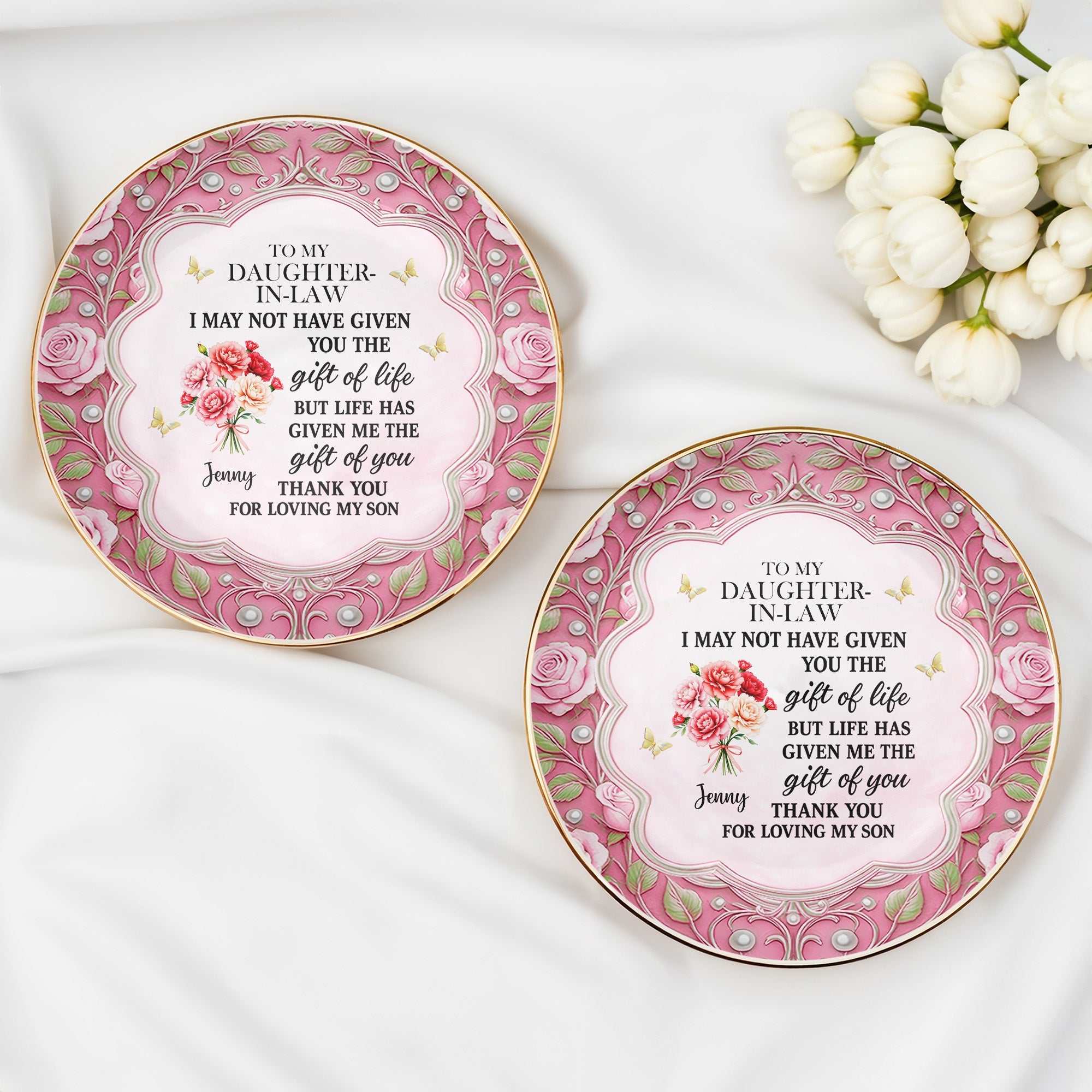 To My Daughter-In-Law, Thank You For Loving My Son, Flowers - Personalized Custom Jewelry Dish, Ceramic Dish, Round Shape - DILA034_RCRF