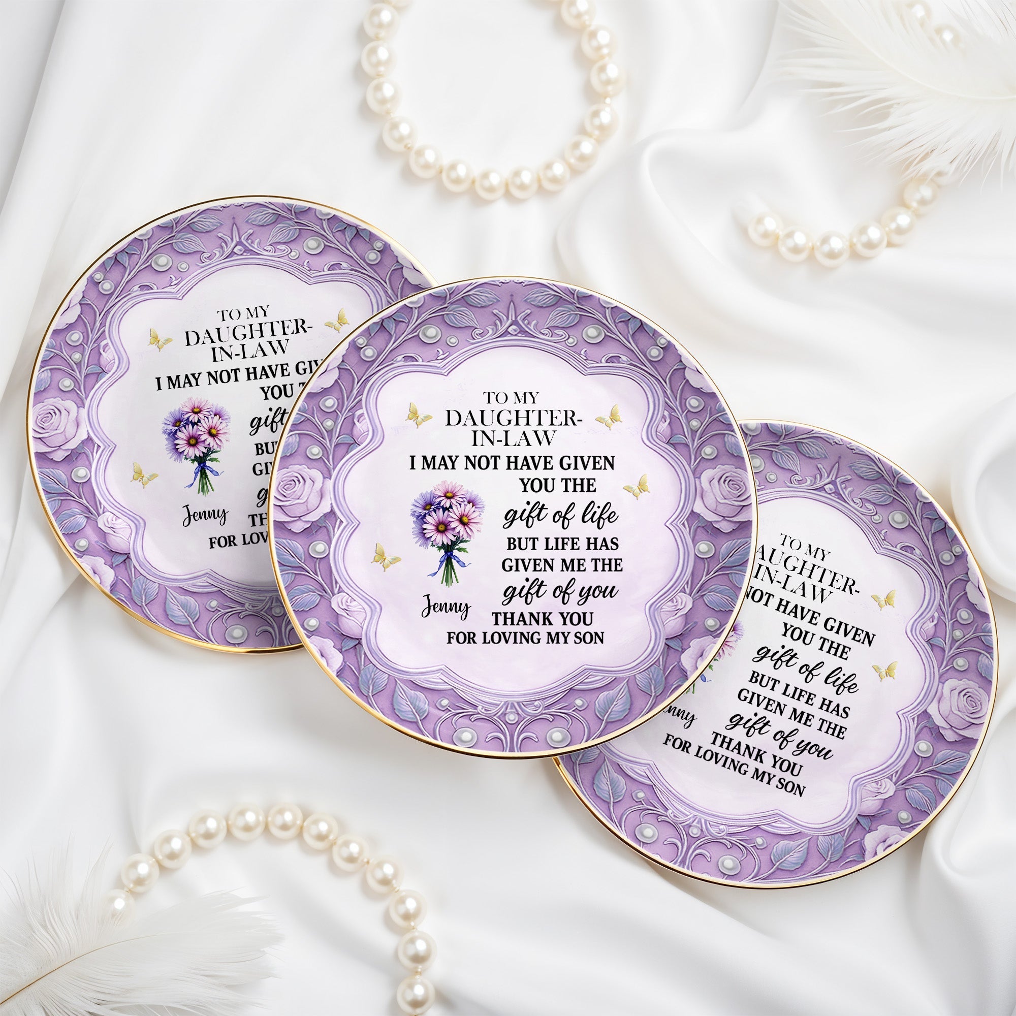 To My Daughter-In-Law, Thank You For Loving My Son, Flowers - Personalized Custom Jewelry Dish, Ceramic Dish, Round Shape - DILA034_RCRF