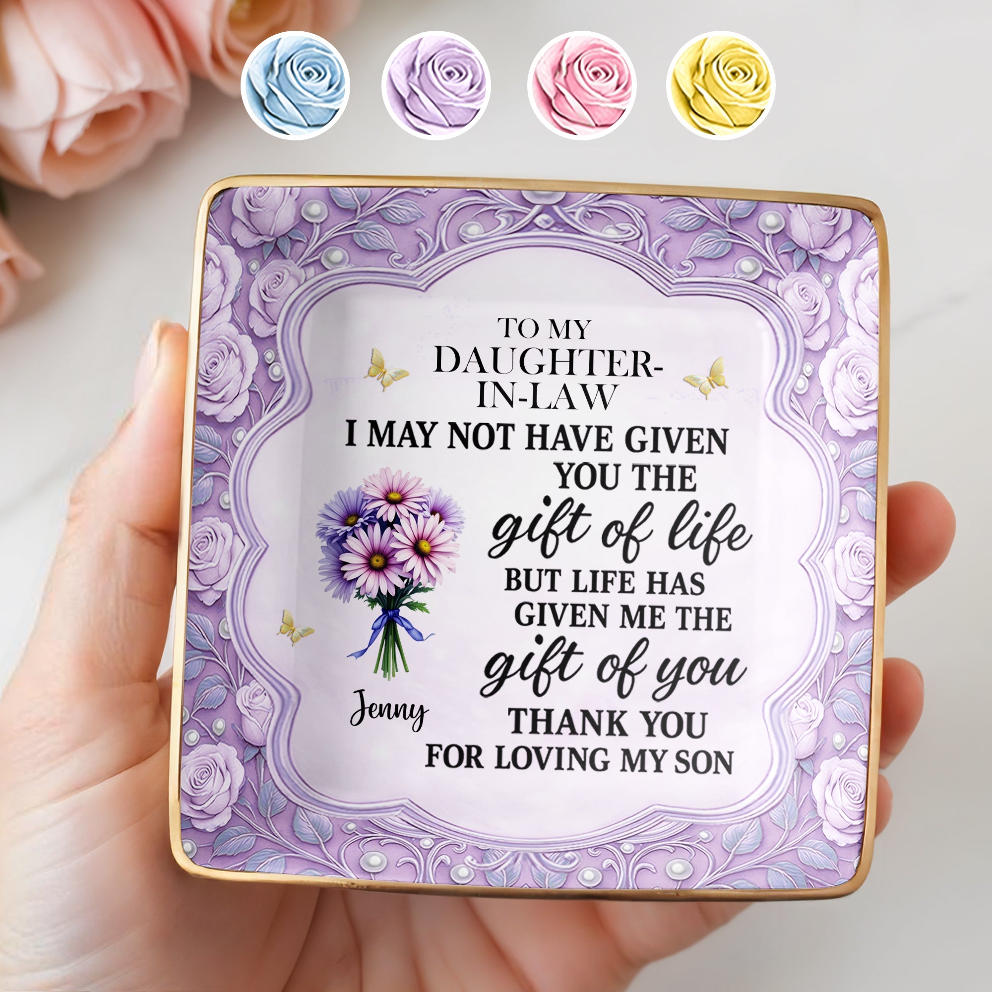 To My Daughter-In-Law, Thank You For Loving My Son - Personalized Custom Jewelry Dish, Ceramic Dish, Square Shape - DILA034_SCRF