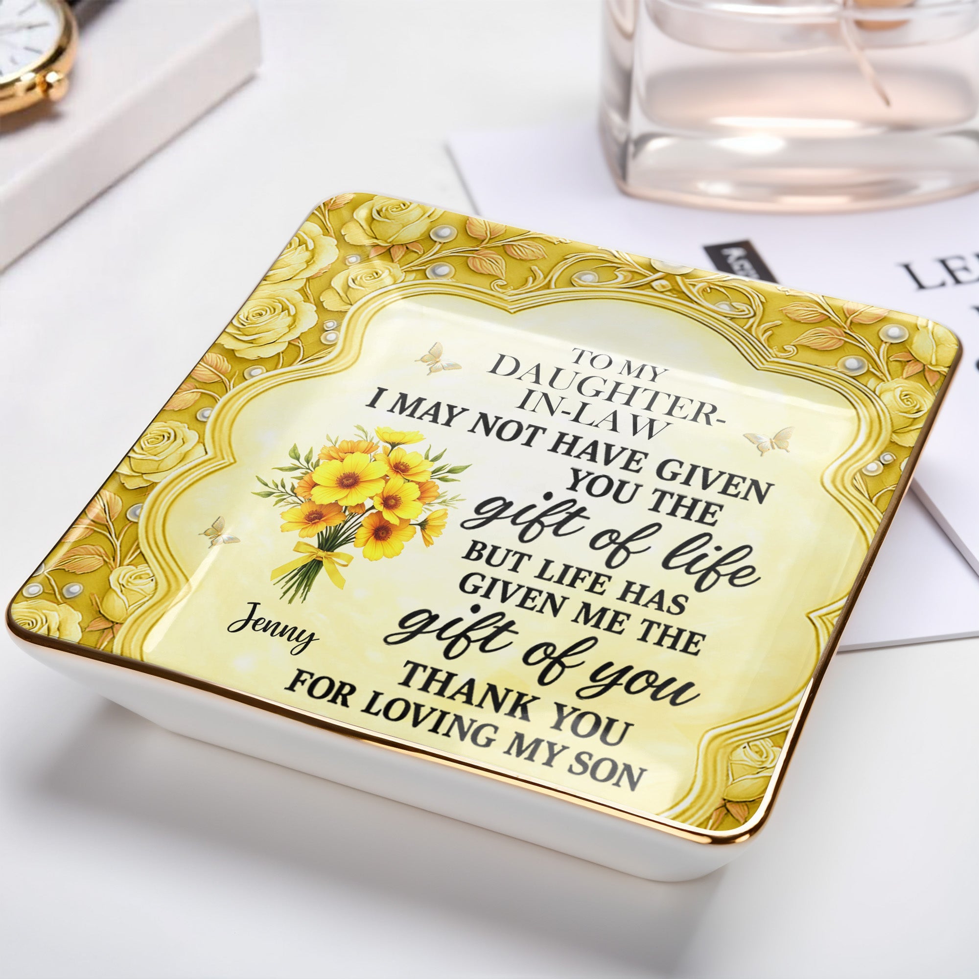 To My Daughter-In-Law, Thank You For Loving My Son - Personalized Custom Jewelry Dish, Ceramic Dish, Square Shape - DILA034_SCRF