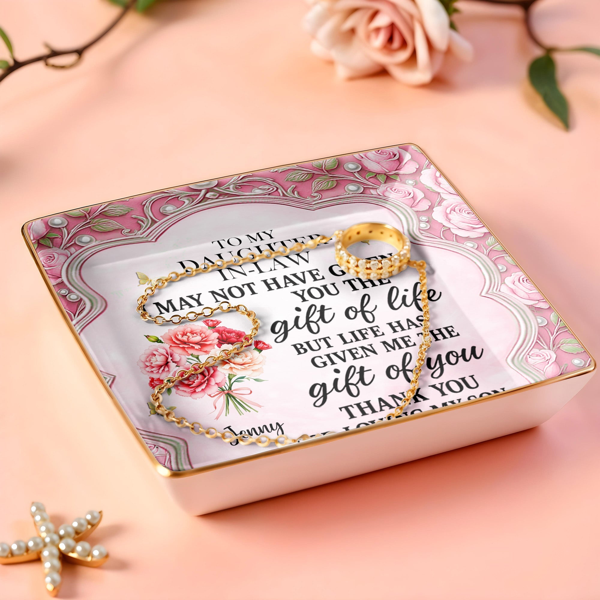 To My Daughter-In-Law, Thank You For Loving My Son - Personalized Custom Jewelry Dish, Ceramic Dish, Square Shape - DILA034_SCRF