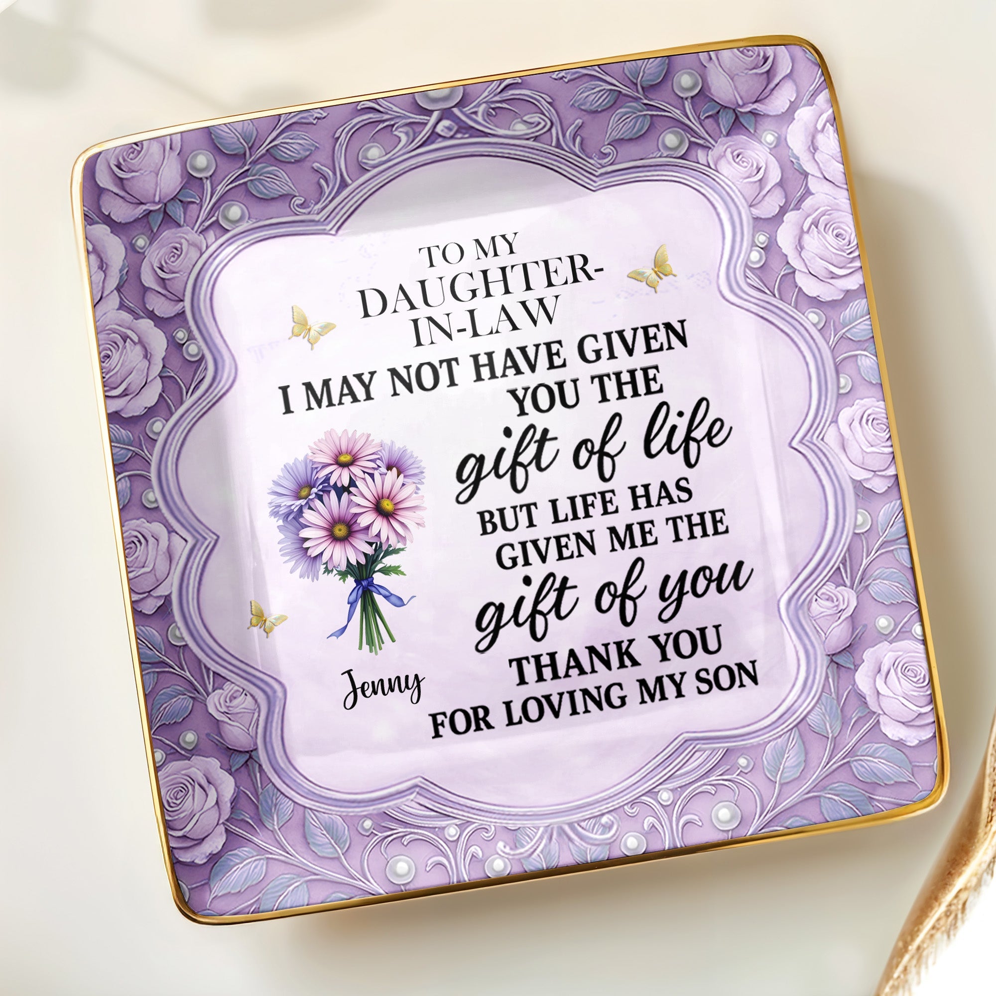 To My Daughter-In-Law, Thank You For Loving My Son - Personalized Custom Jewelry Dish, Ceramic Dish, Square Shape - DILA034_SCRF