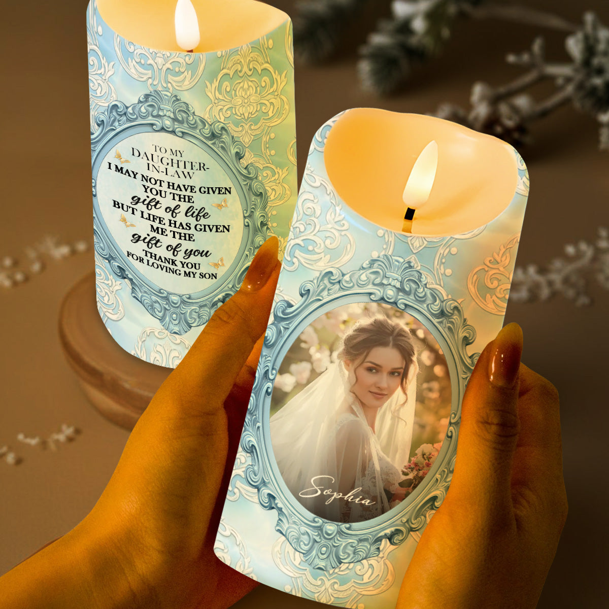 Gift Of Life, Floral Pattern and Photo Frame - Personalized Custom LED Candle - DILA038_LECA