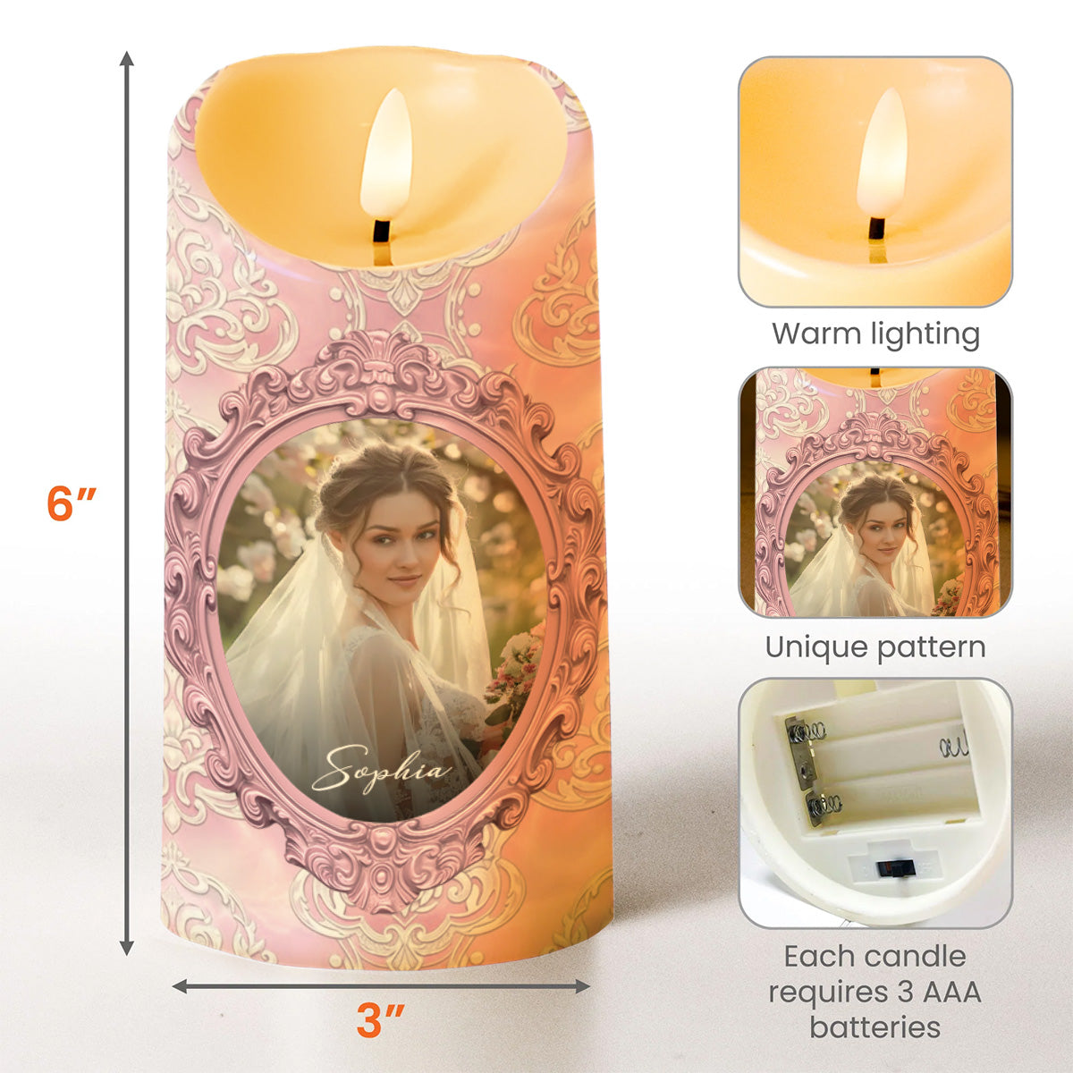 Gift Of Life, Floral Pattern and Photo Frame - Personalized Custom LED Candle - DILA038_LECA