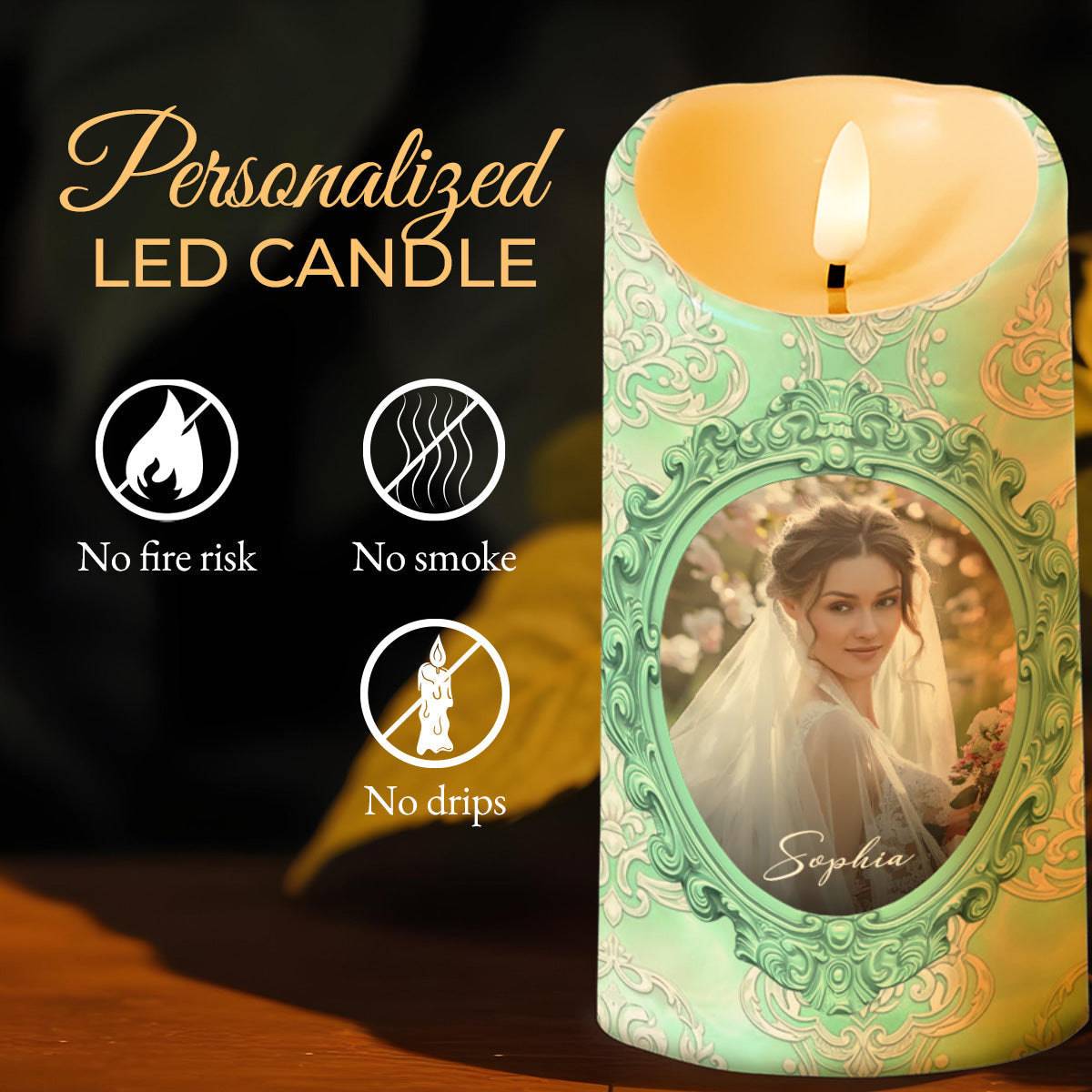 Gift Of Life, Floral Pattern and Photo Frame - Personalized Custom LED Candle - DILA038_LECA