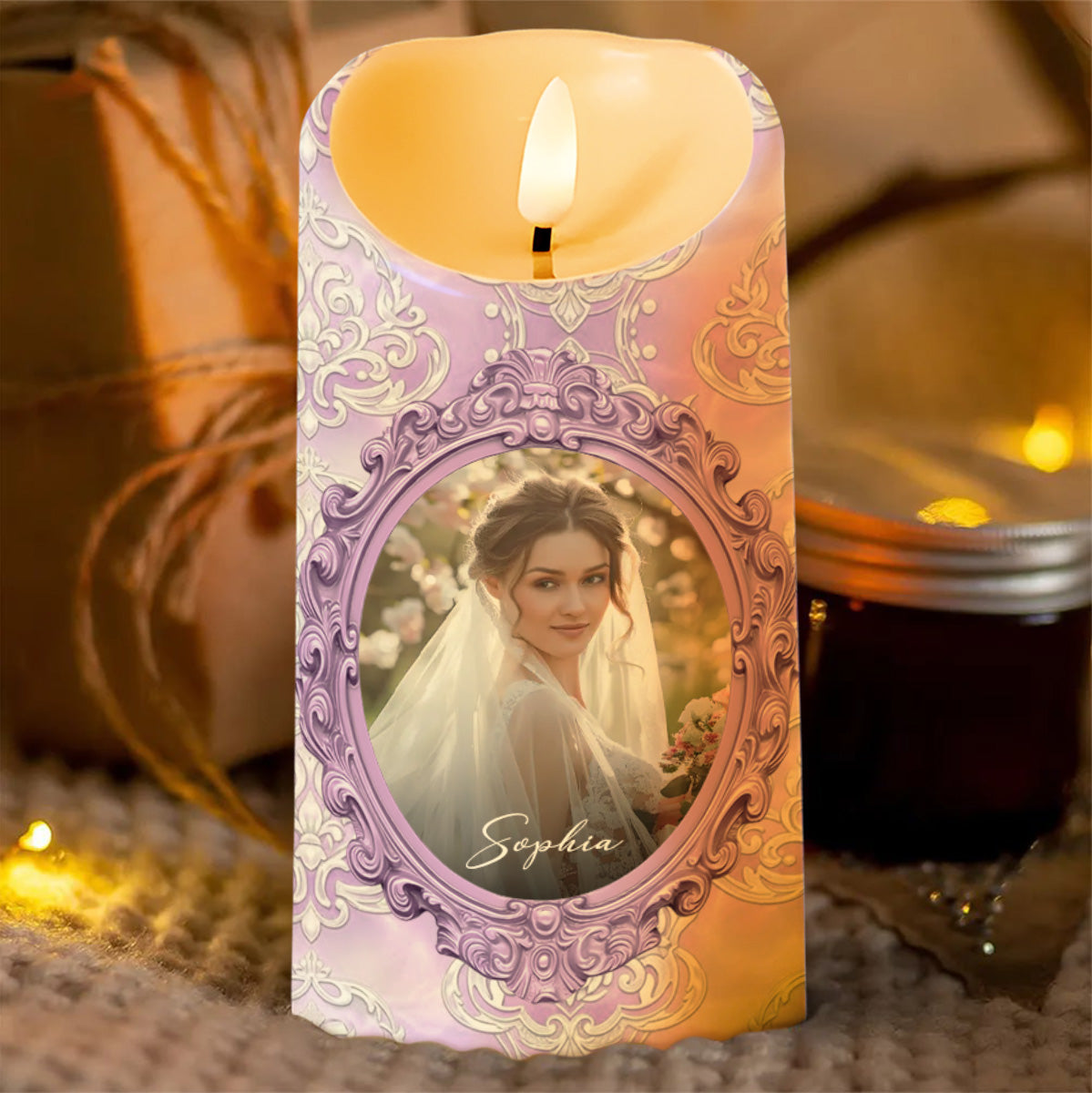Gift Of Life, Floral Pattern and Photo Frame - Personalized Custom LED Candle - DILA038_LECA