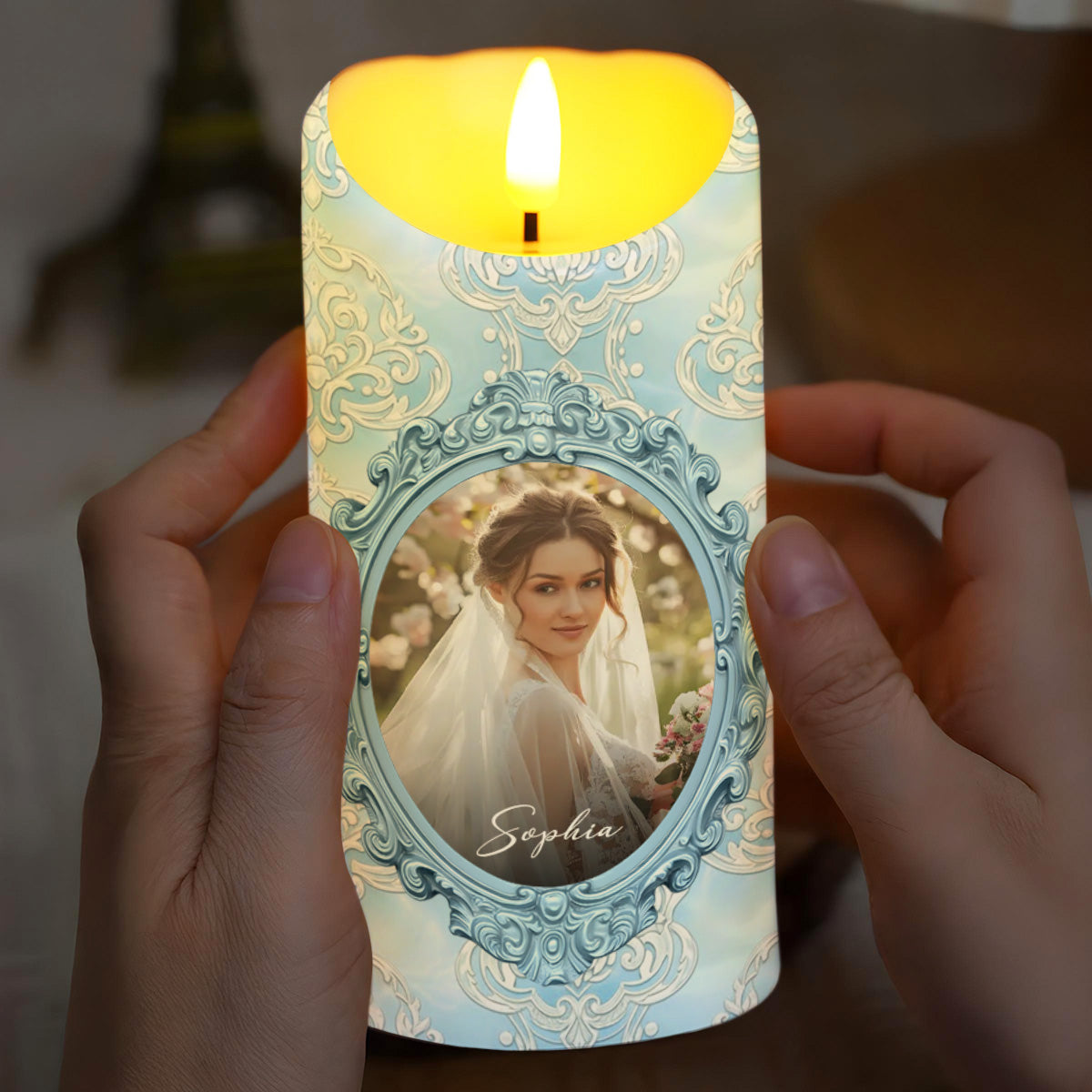 Gift Of Life, Floral Pattern and Photo Frame - Personalized Custom LED Candle - DILA038_LECA