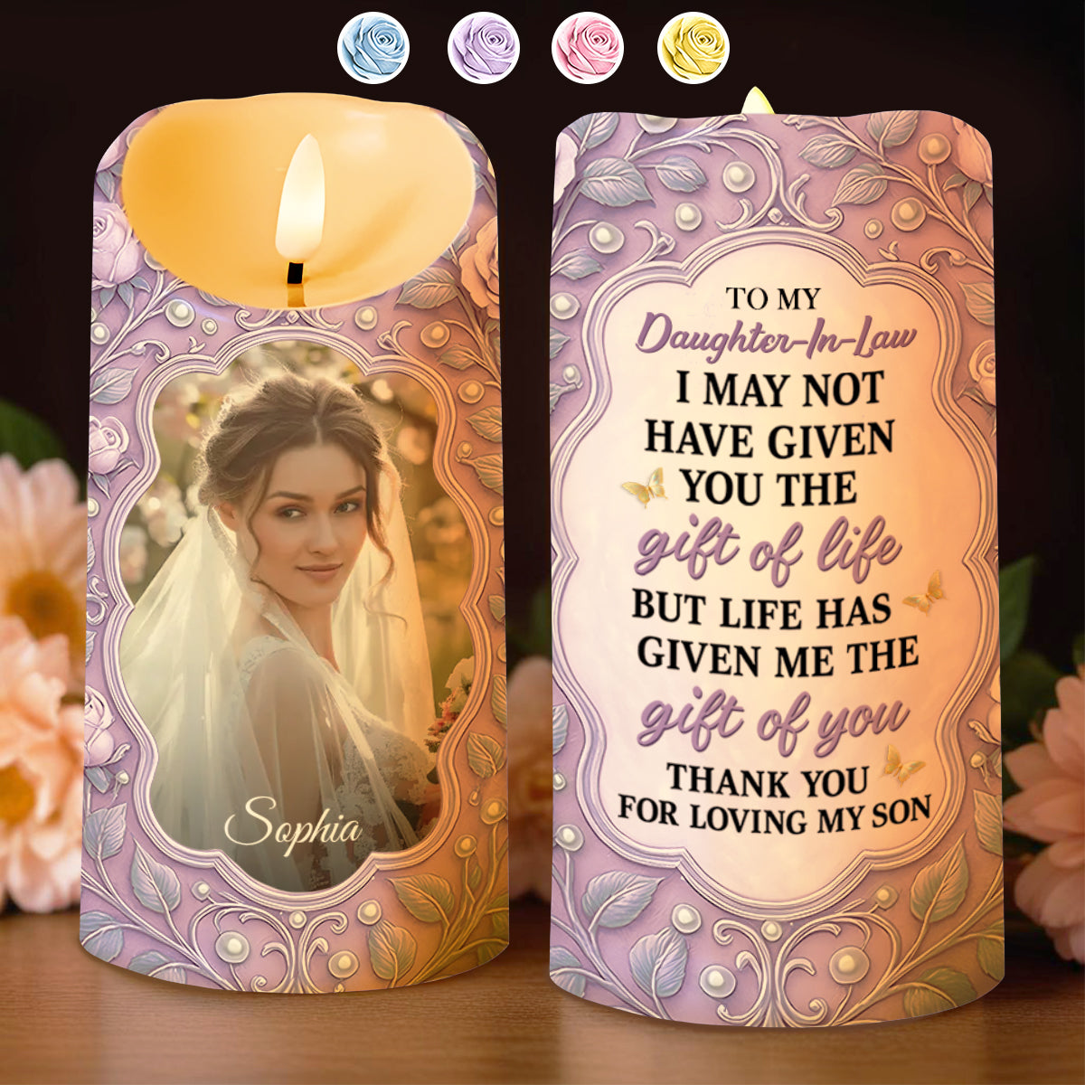 Gift For Daughter-In-Law, Loving Words With Flowers - Personalized Custom LED Candle - DILA039_LECA