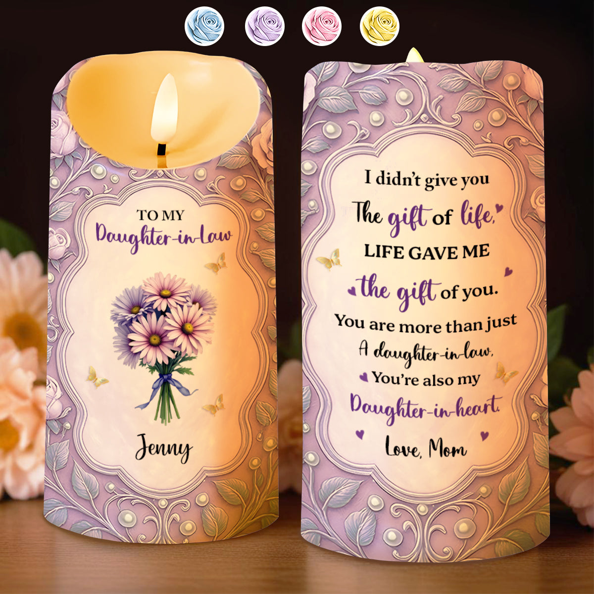 Gift of Life, Gift of You, Flowers and Hearts - Personalized Custom LED Candle - DILA041_LECA