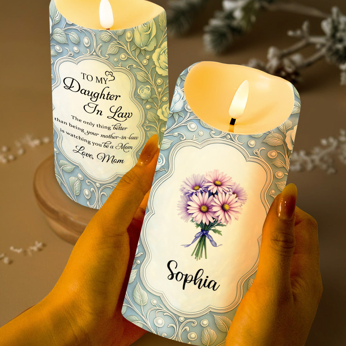 To My Daughter-In-Law, Flowers Custom LED Candle - Personalized Custom LED Candle - DILA043_LECA