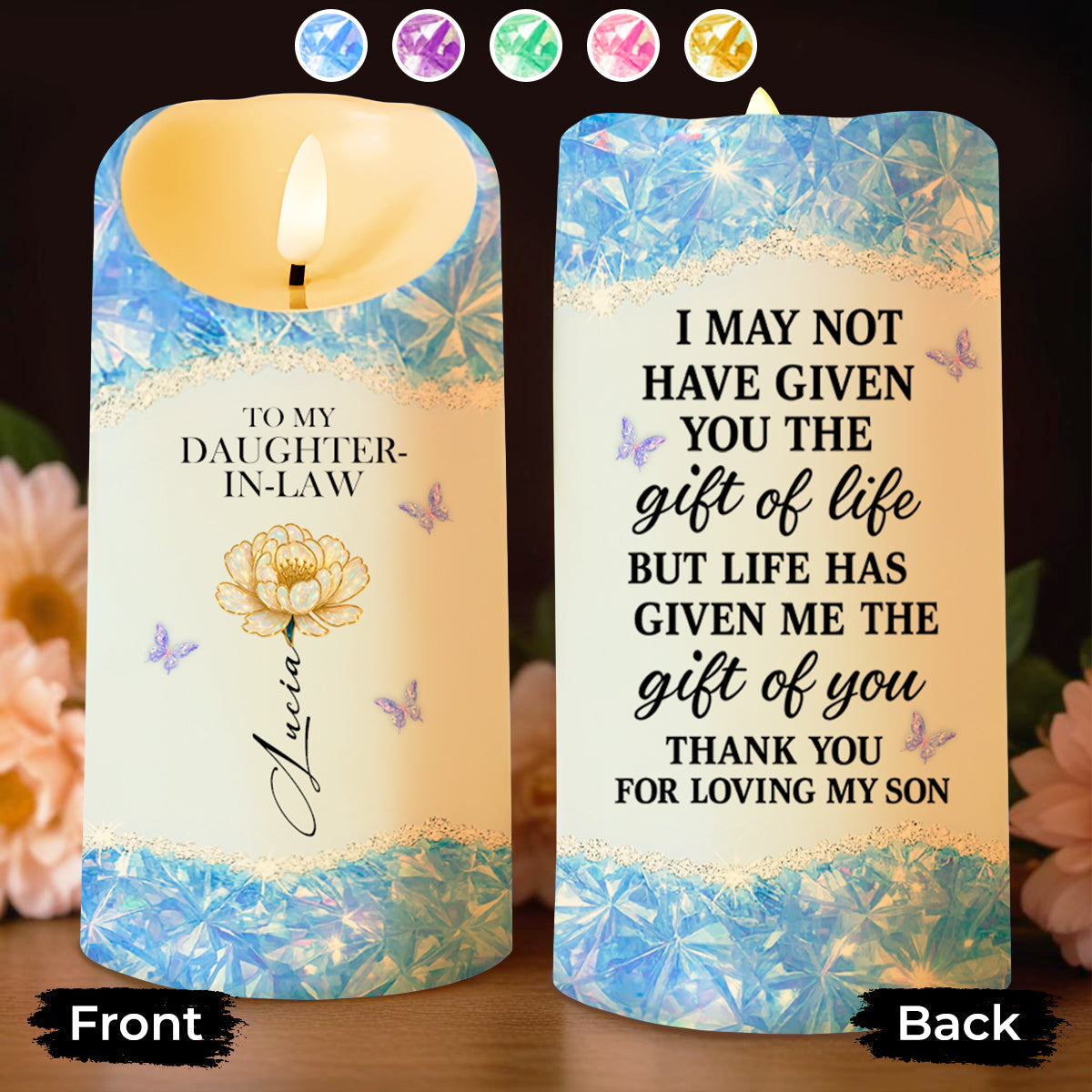 To My Daughter-In-Law, Flower And Butterflies - Personalized Custom LED Candle - DILA044_LECA