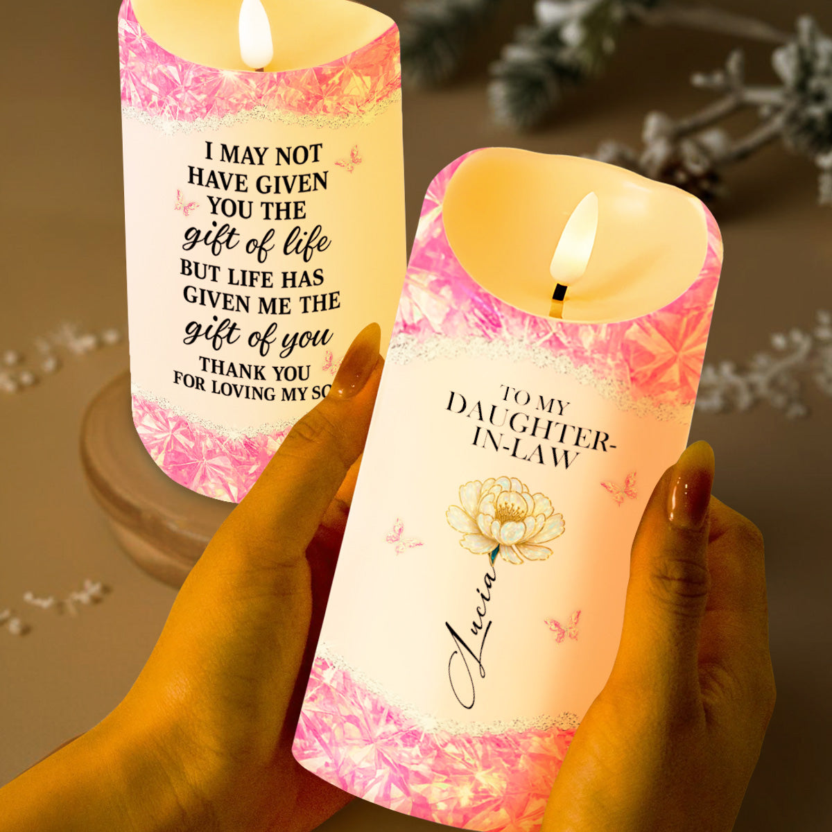 To My Daughter-In-Law, Flower And Butterflies - Personalized Custom LED Candle - DILA044_LECA
