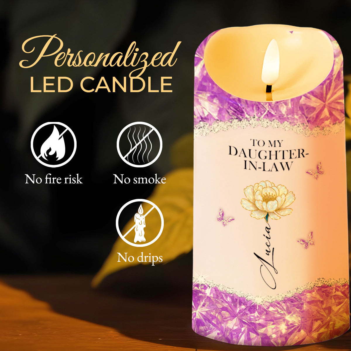 To My Daughter-In-Law, Flower And Butterflies - Personalized Custom LED Candle - DILA044_LECA