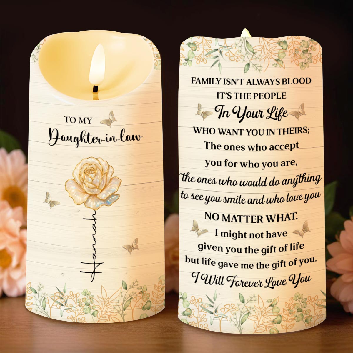 To My Daughter-in-Law, Love Forever With Butterflies And Flowers - Personalized Custom LED Candle - DILA048_LECA