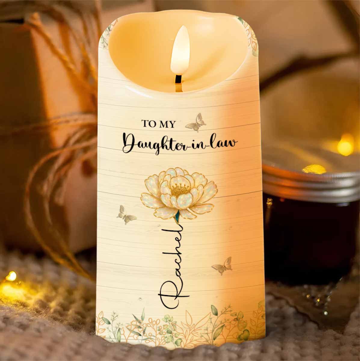 To My Daughter-in-Law, Love Forever With Butterflies And Flowers - Personalized Custom LED Candle - DILA048_LECA