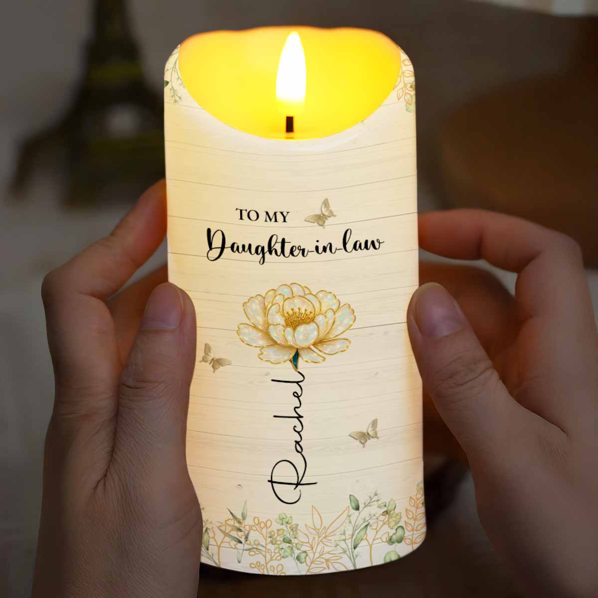 To My Daughter-in-Law, Love Forever With Butterflies And Flowers - Personalized Custom LED Candle - DILA048_LECA