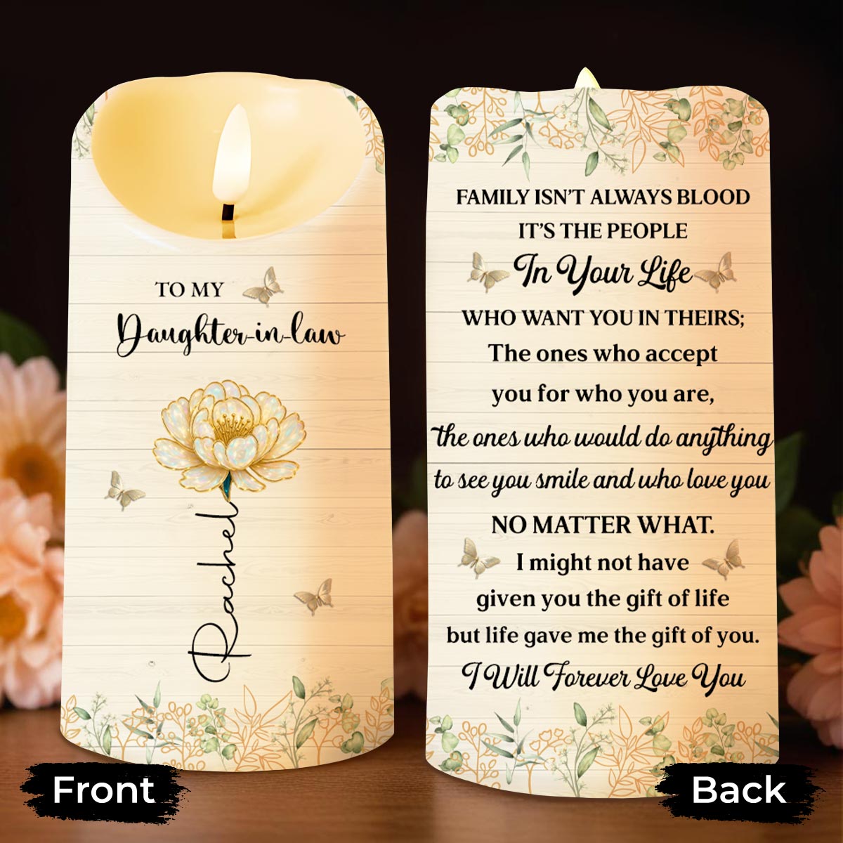 To My Daughter-in-Law, Love Forever With Butterflies And Flowers - Personalized Custom LED Candle - DILA048_LECA