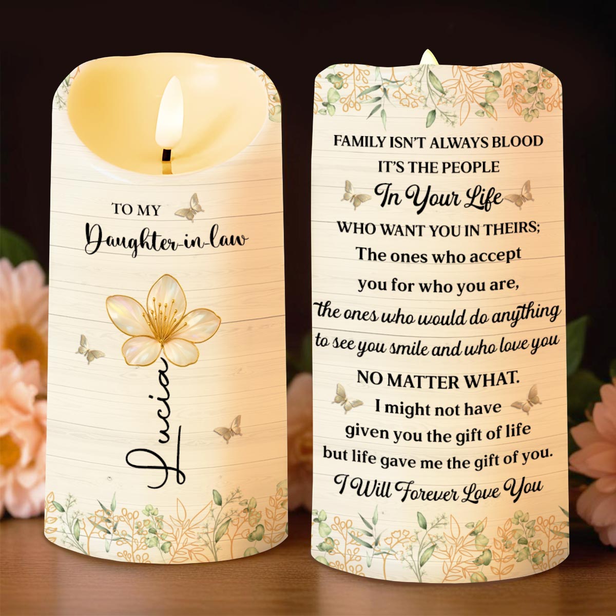 To My Daughter-in-Law, Love Forever With Butterflies And Flowers - Personalized Custom LED Candle - DILA048_LECA