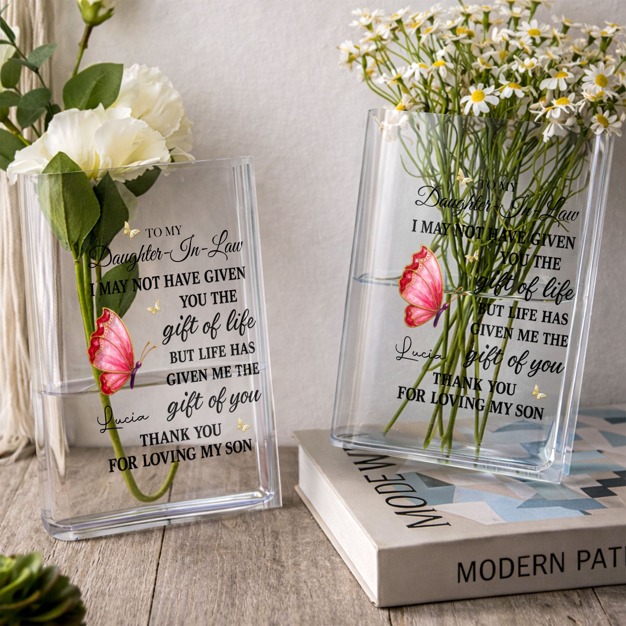 To My Daughter In Law Life Has Given Me The Gift Of You Butterflies - Personalized Acrylic Book Vase