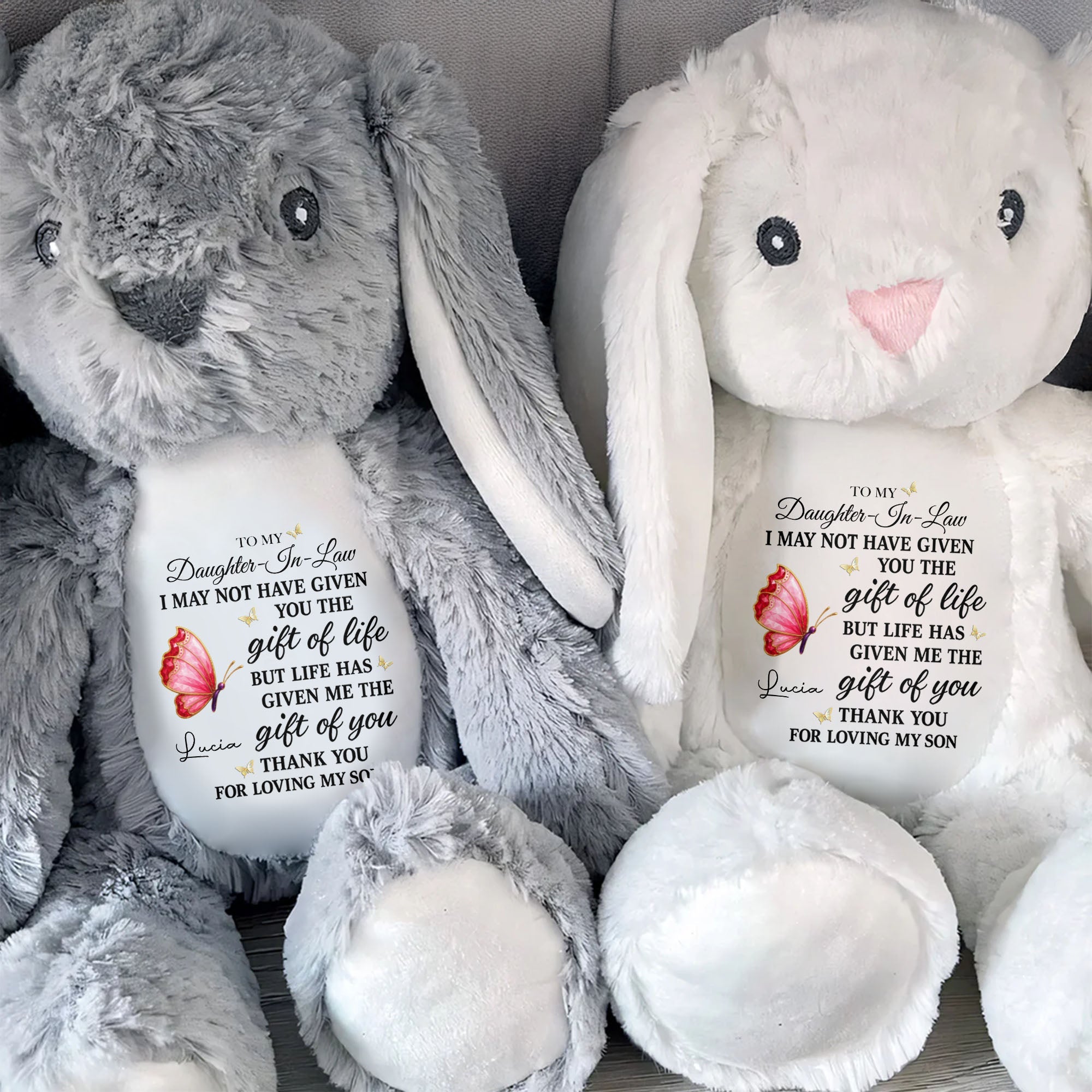 To My Daughter In Law Life Has Given Me The Gift Of You Butterfly - Personalized Stuffed Bunny - DILA051_BUN