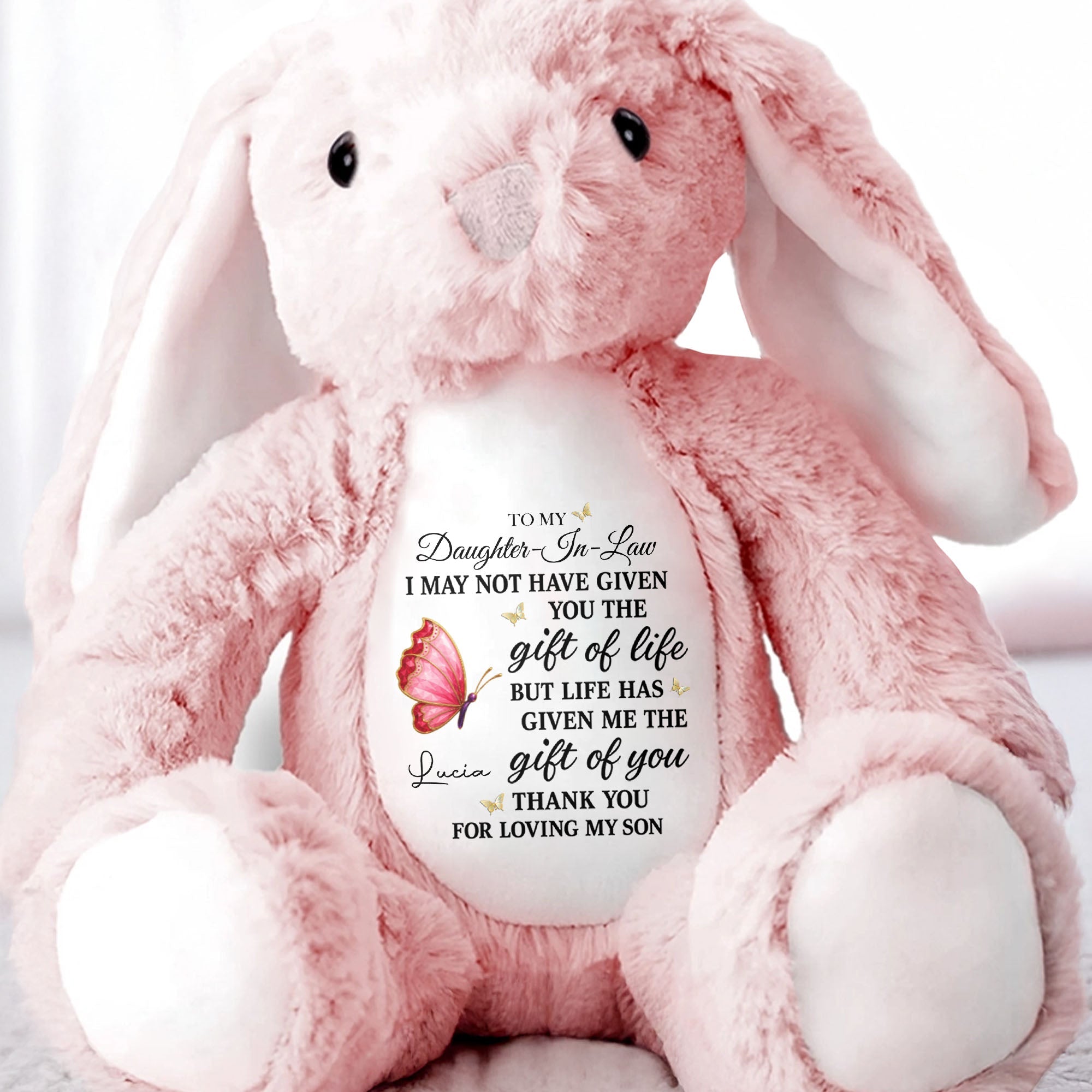 To My Daughter In Law Life Has Given Me The Gift Of You Butterfly - Personalized Stuffed Bunny - DILA051_BUN