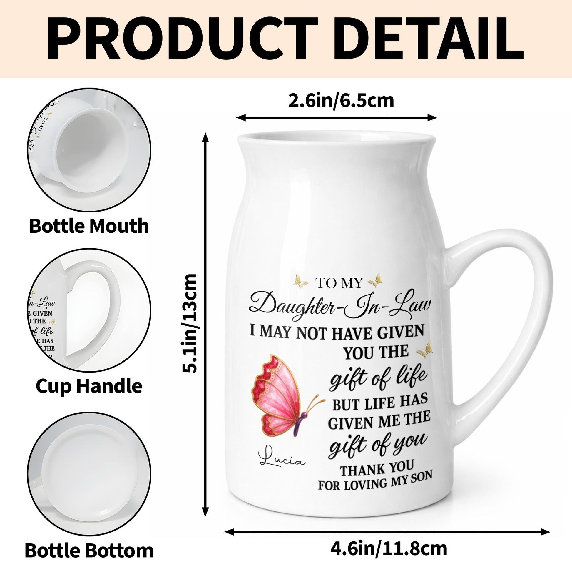 To My Daughter In Law Life Has Given Me The Gift Of You Butterfly Flowers - Personalized Ceramic Flower Vase