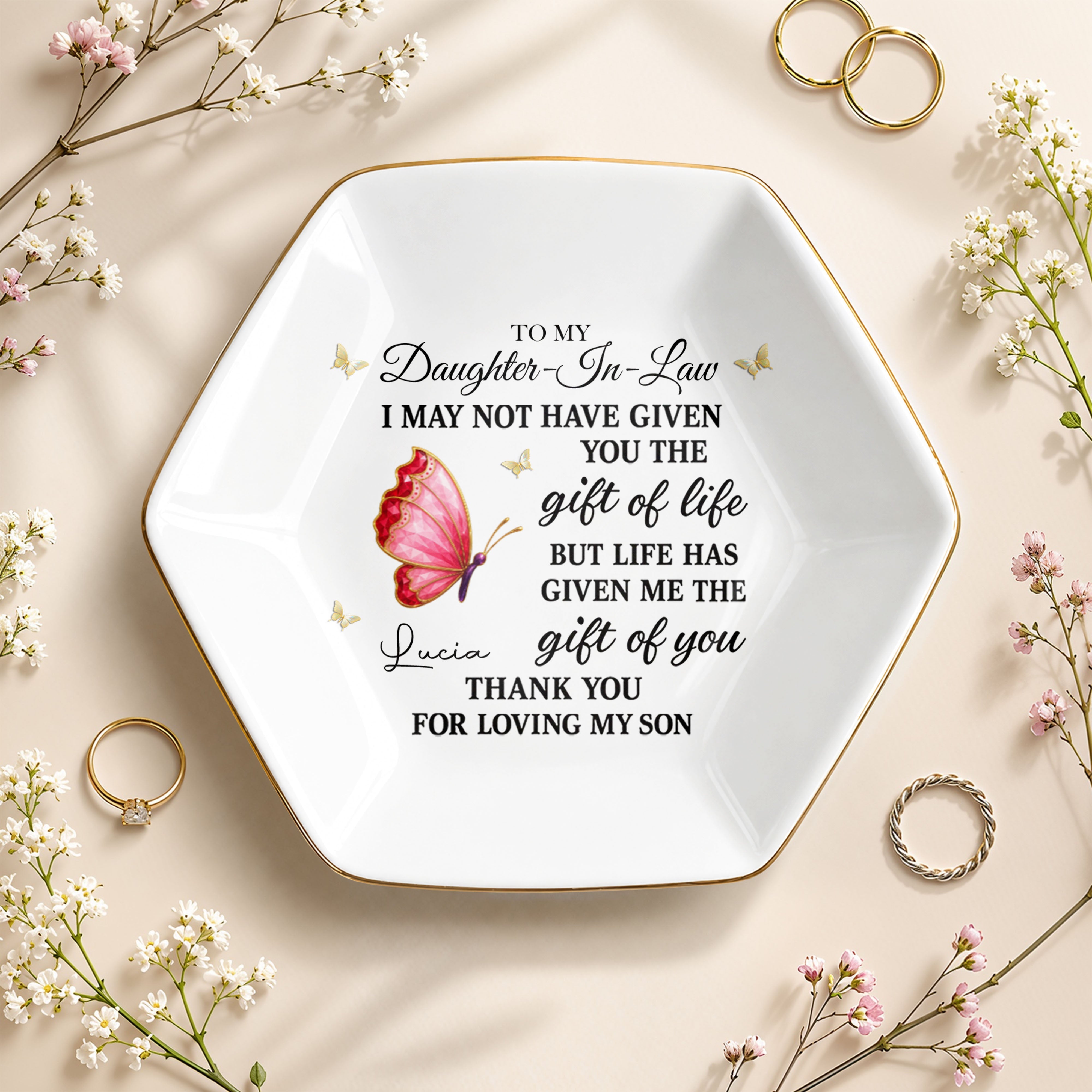 To My Daughter In Law Life Has Given Me The Gift Of You Butterfly - Personalized Custom Jewelry Dish, Ceramic Dish, Hexagonal Shape - DILA051_HECRD
